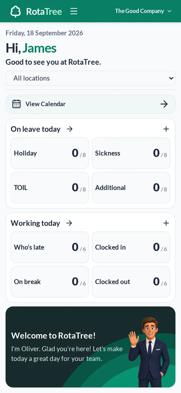 ShiftForest dashboard on a phone with leave and attendance tiles